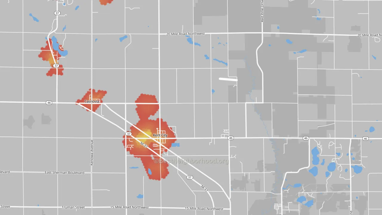 Walk Grade map of Kent City, MI, walkable areas in green and car-dependent areas in red