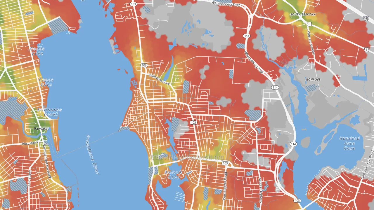 Walk Grade map of Kent Corner, Riverside, RI, walkable areas in green and car-dependent areas in red