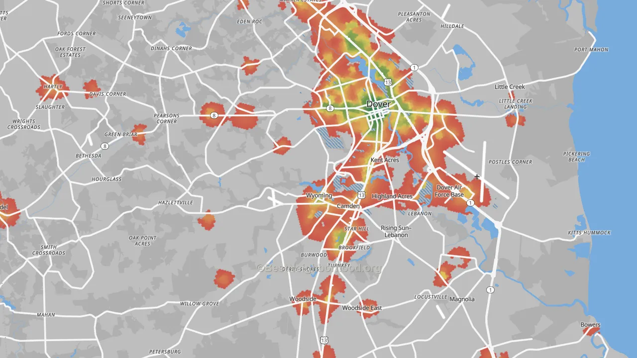 Walk Grade map of Kent County, DE, walkable areas in green and car-dependent areas in red