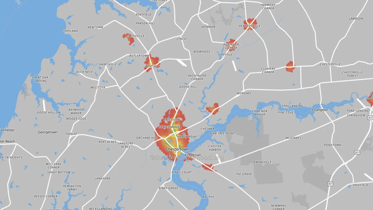 Walk Grade map of Kent County, MD, walkable areas in green and car-dependent areas in red