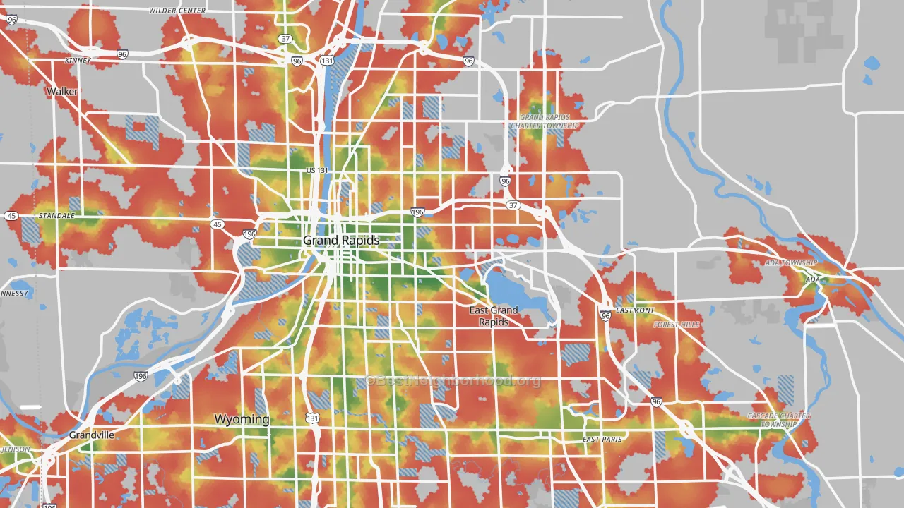 Walk Grade map of Kent County, MI, walkable areas in green and car-dependent areas in red