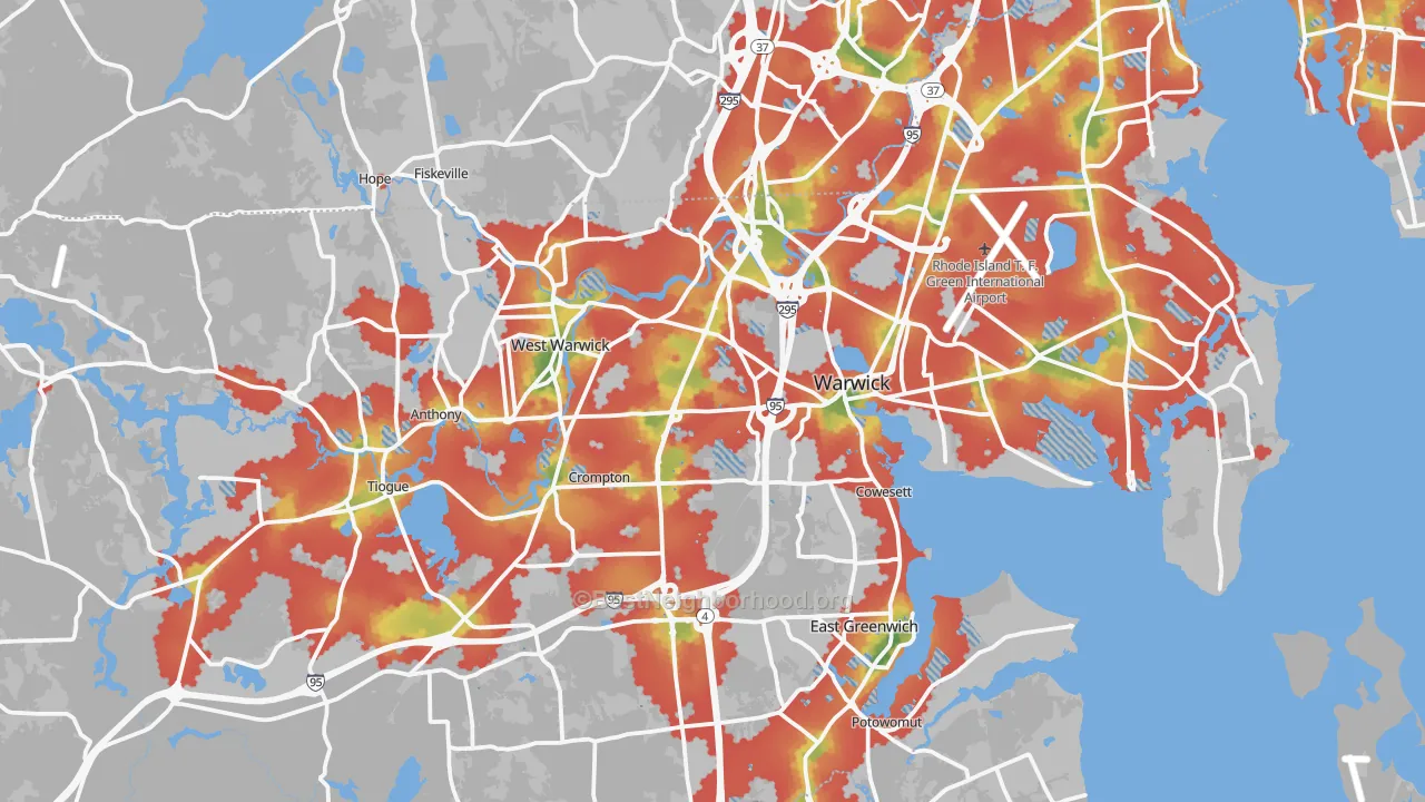 Walk Grade map of Kent County, RI, walkable areas in green and car-dependent areas in red