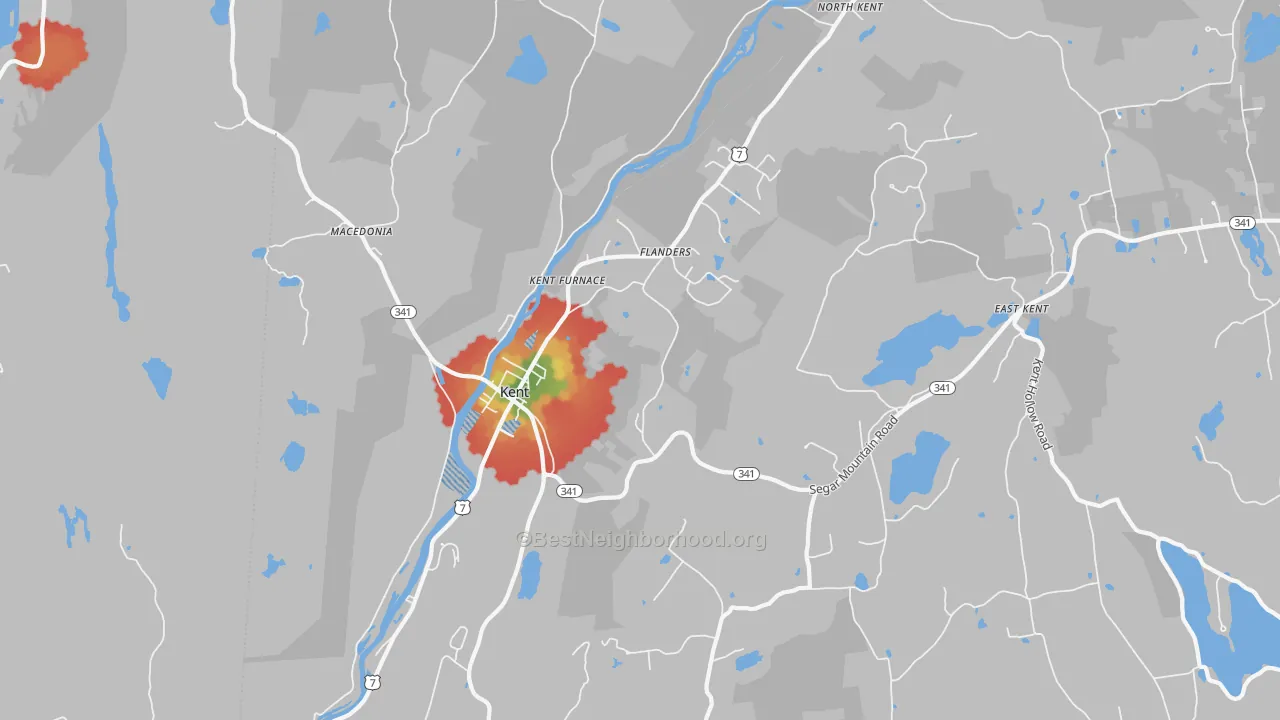 Walk Grade map of Kent, CT, walkable areas in green and car-dependent areas in red