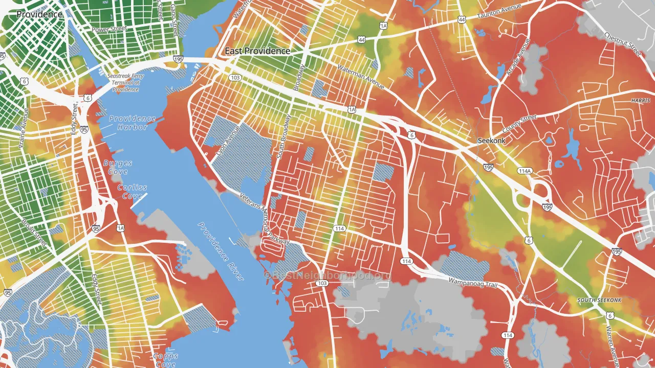 Walk Grade map of Kent Heights, East Providence, RI, walkable areas in green and car-dependent areas in red
