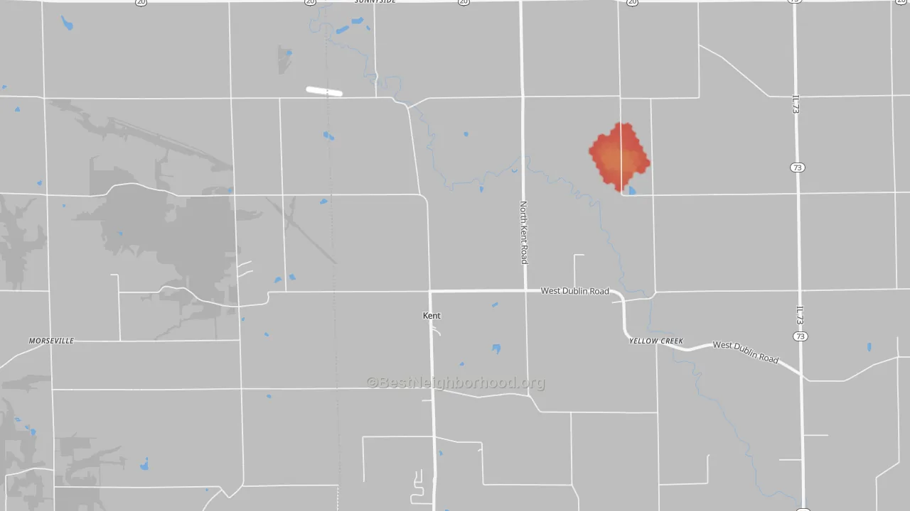 Walk Grade map of Kent, IL, walkable areas in green and car-dependent areas in red