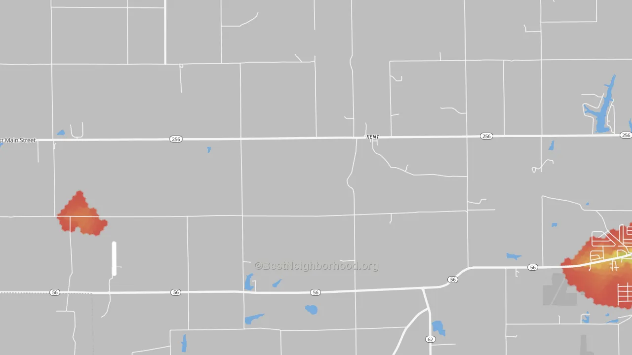Walk Grade map of Kent, IN, walkable areas in green and car-dependent areas in red