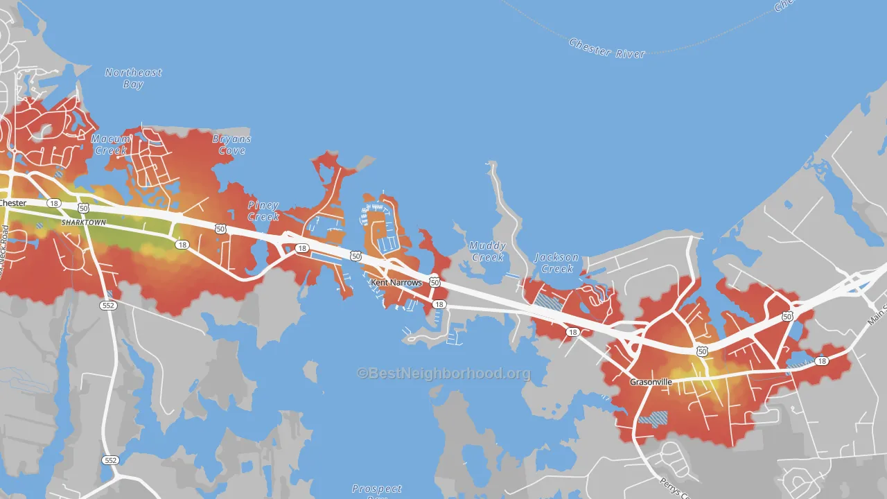Walk Grade map of Kent Narrows, MD, walkable areas in green and car-dependent areas in red