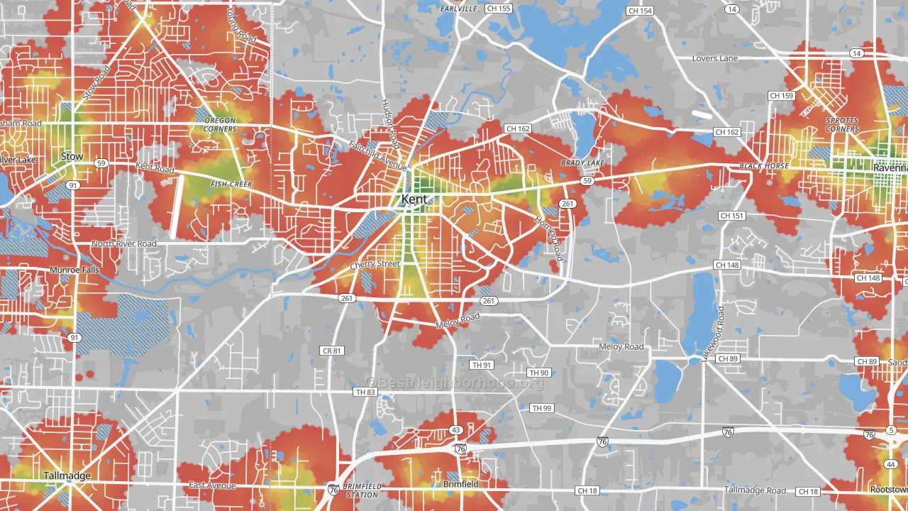 Walk Grade map of Kent, OH, walkable areas in green and car-dependent areas in red