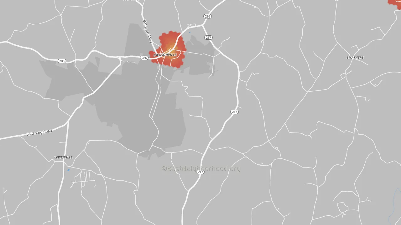 Walk Grade map of Kent, PA, walkable areas in green and car-dependent areas in red