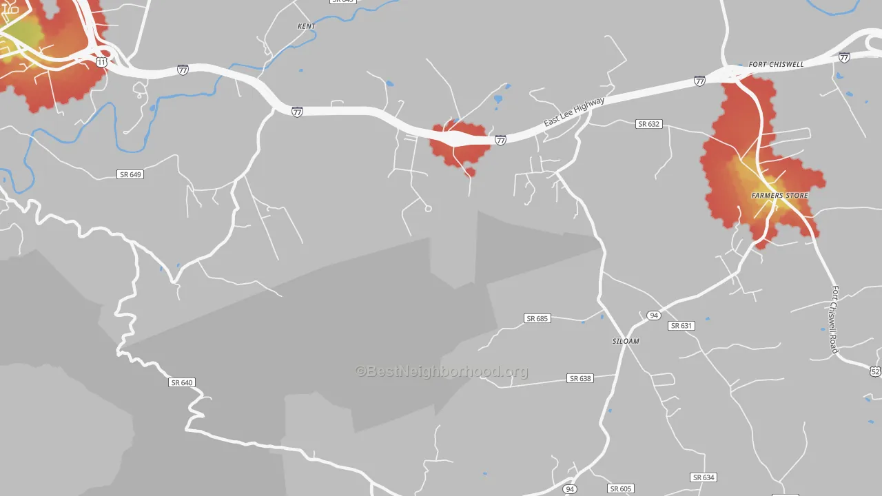Walk Grade map of Kent, VA, walkable areas in green and car-dependent areas in red