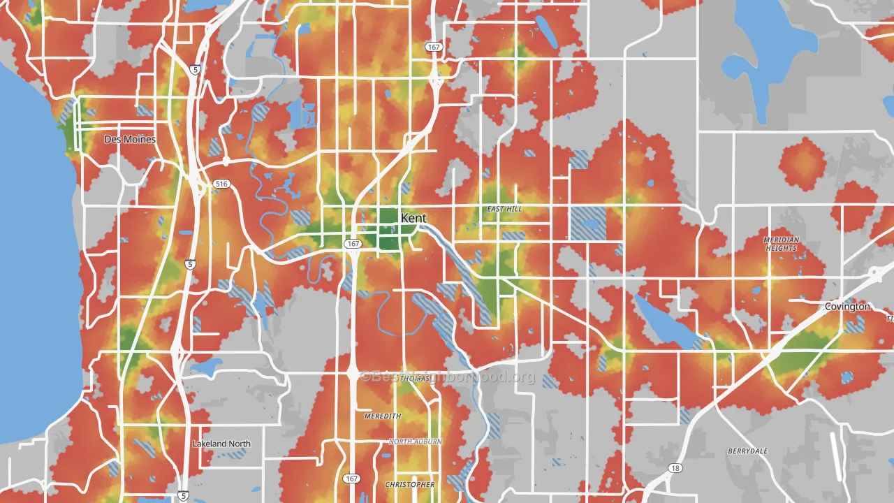 Walk Grade map of Kent, WA, walkable areas in green and car-dependent areas in red