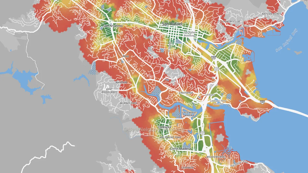 Walk Grade map of Kentfield, CA, walkable areas in green and car-dependent areas in red