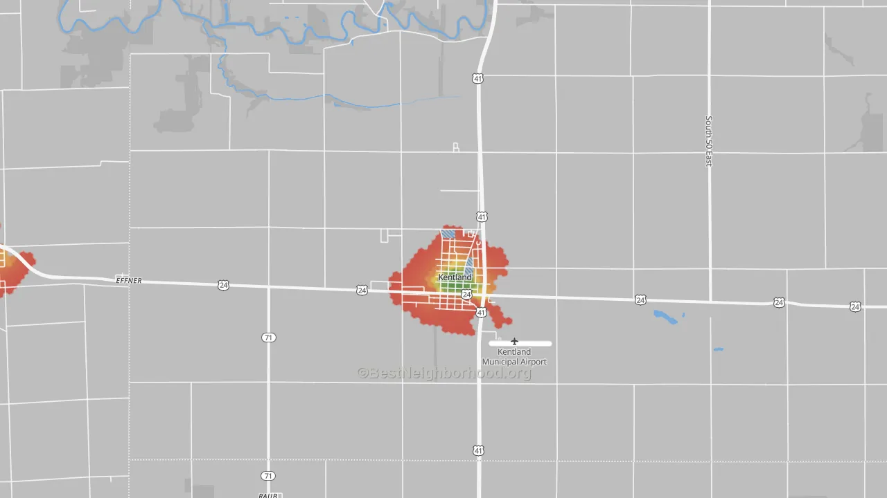 Walk Grade map of Kentland, IN, walkable areas in green and car-dependent areas in red