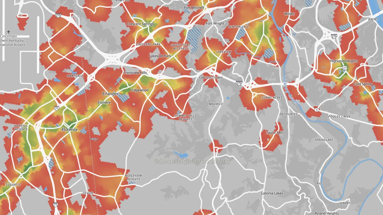 Walk Grade map of Kenton County, KY, walkable areas in green and car-dependent areas in red