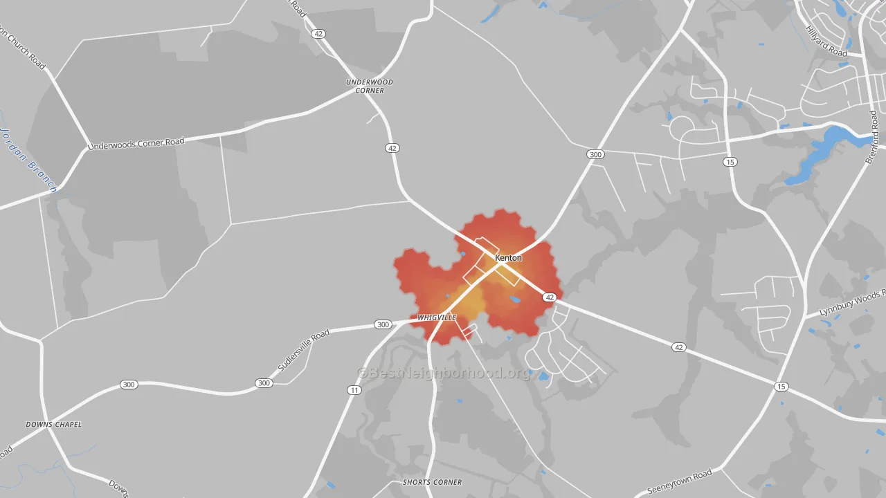Walk Grade map of Kenton, DE, walkable areas in green and car-dependent areas in red