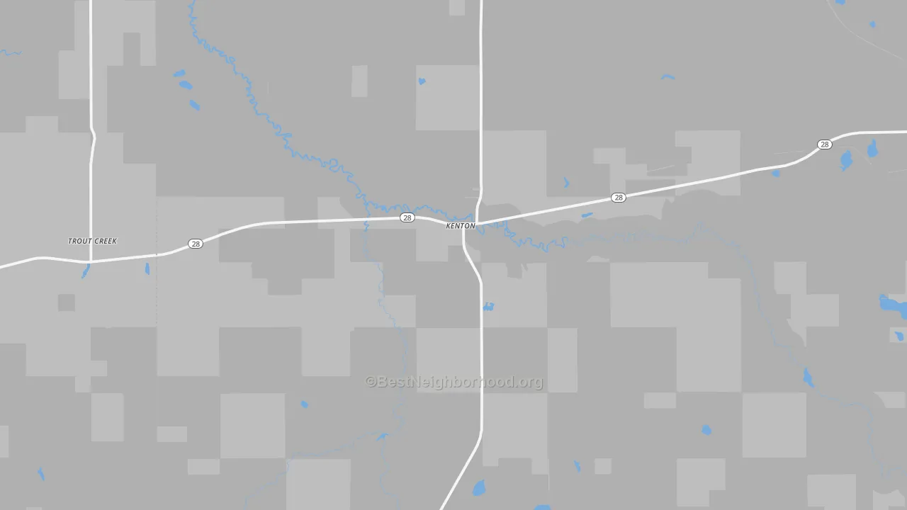 Walk Grade map of Kenton, MI, walkable areas in green and car-dependent areas in red