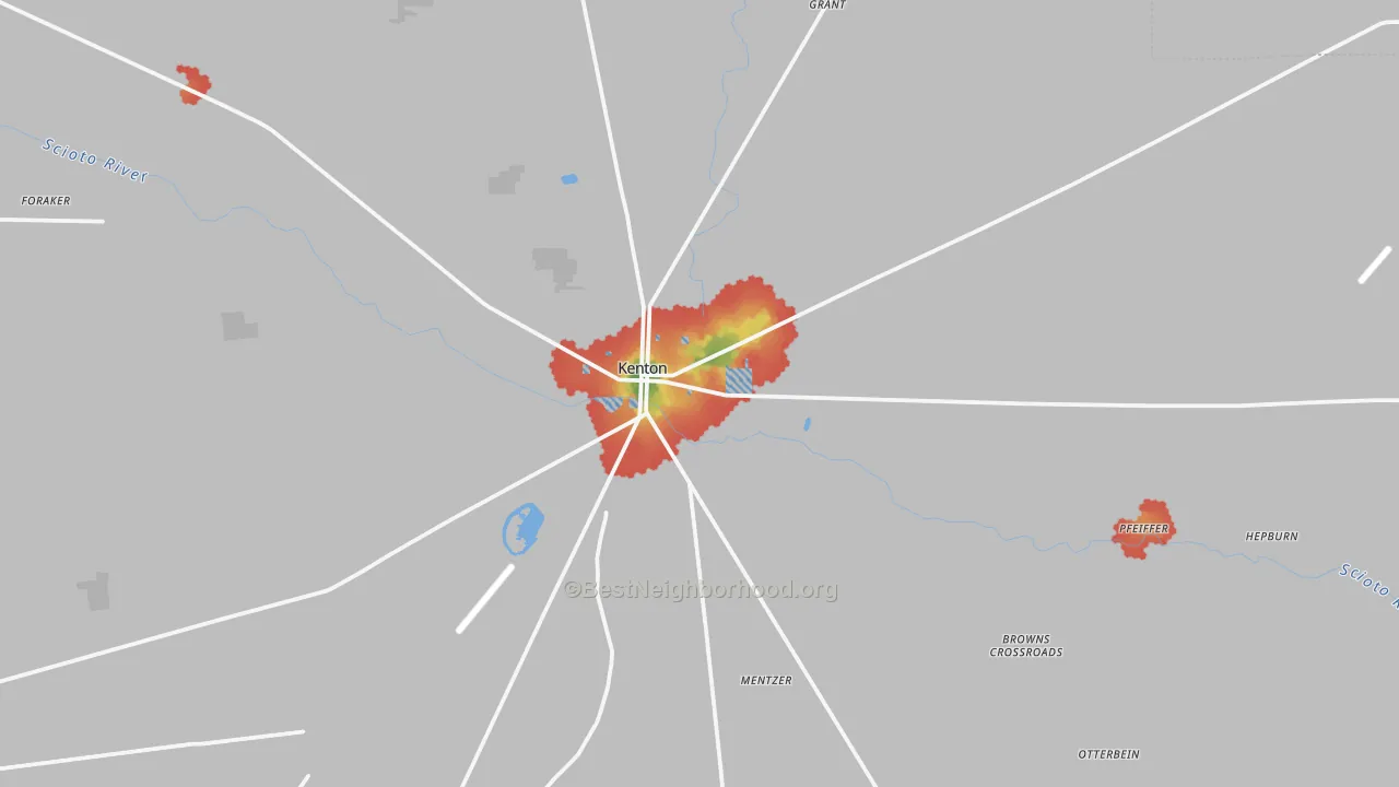Walk Grade map of Kenton, OH, walkable areas in green and car-dependent areas in red
