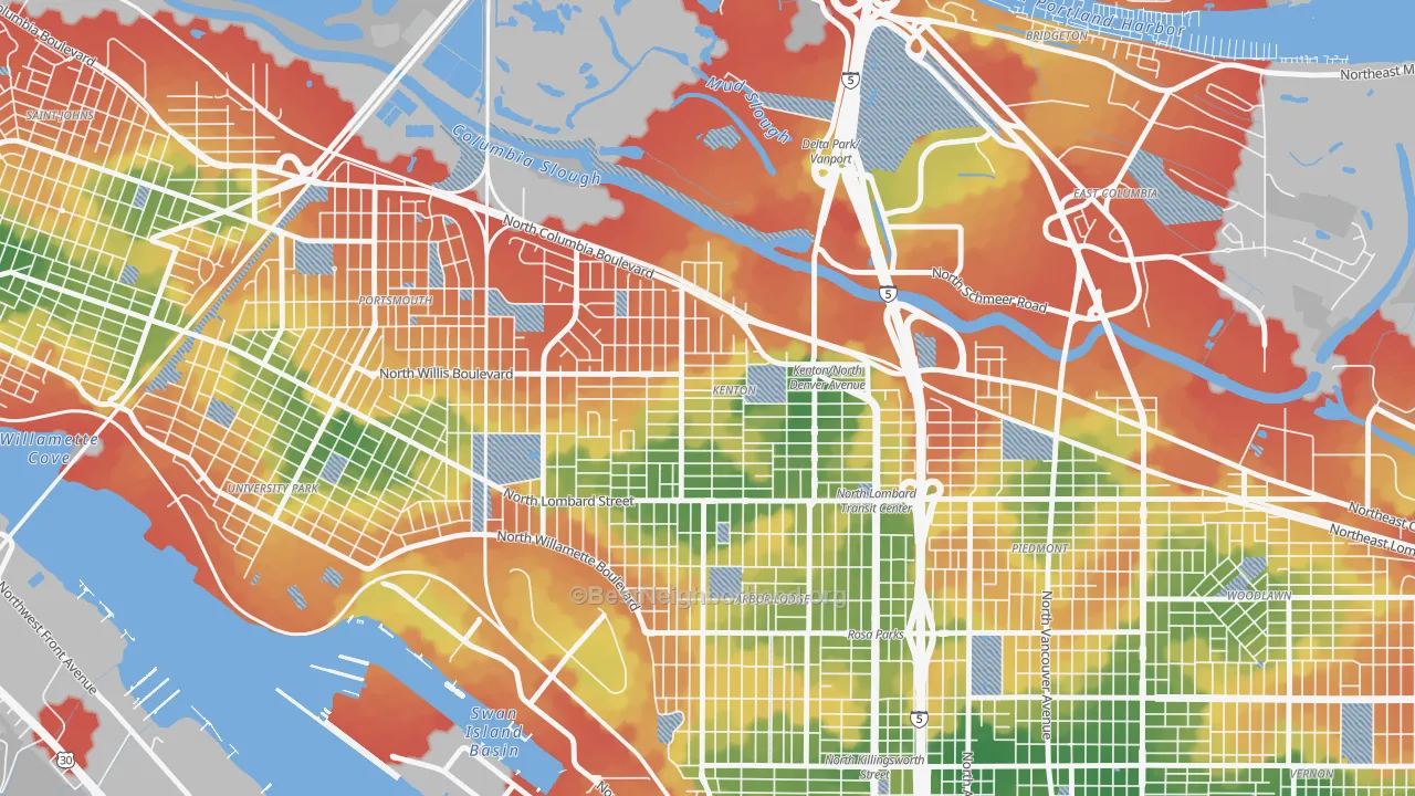 Walk Grade map of Kenton, Portland, OR, walkable areas in green and car-dependent areas in red