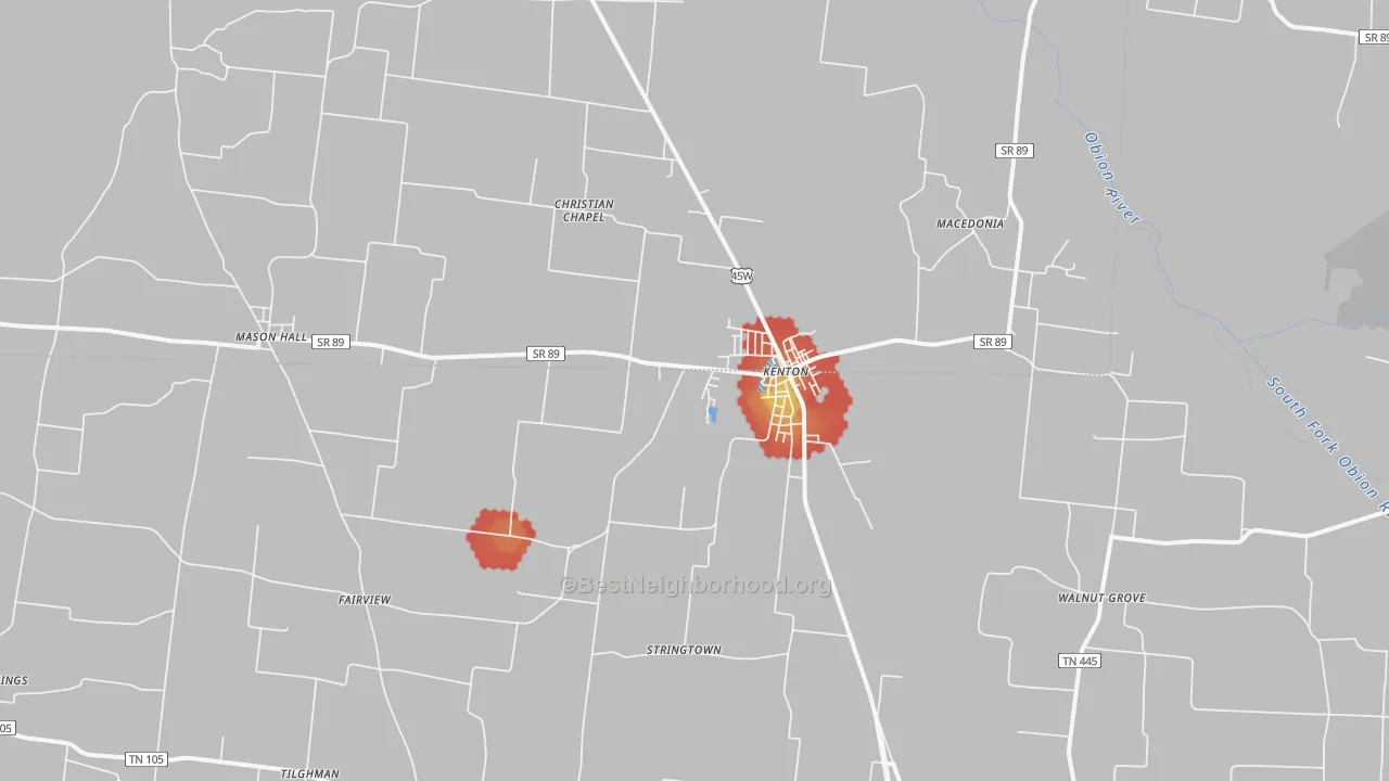 Walk Grade map of Kenton, TN, walkable areas in green and car-dependent areas in red