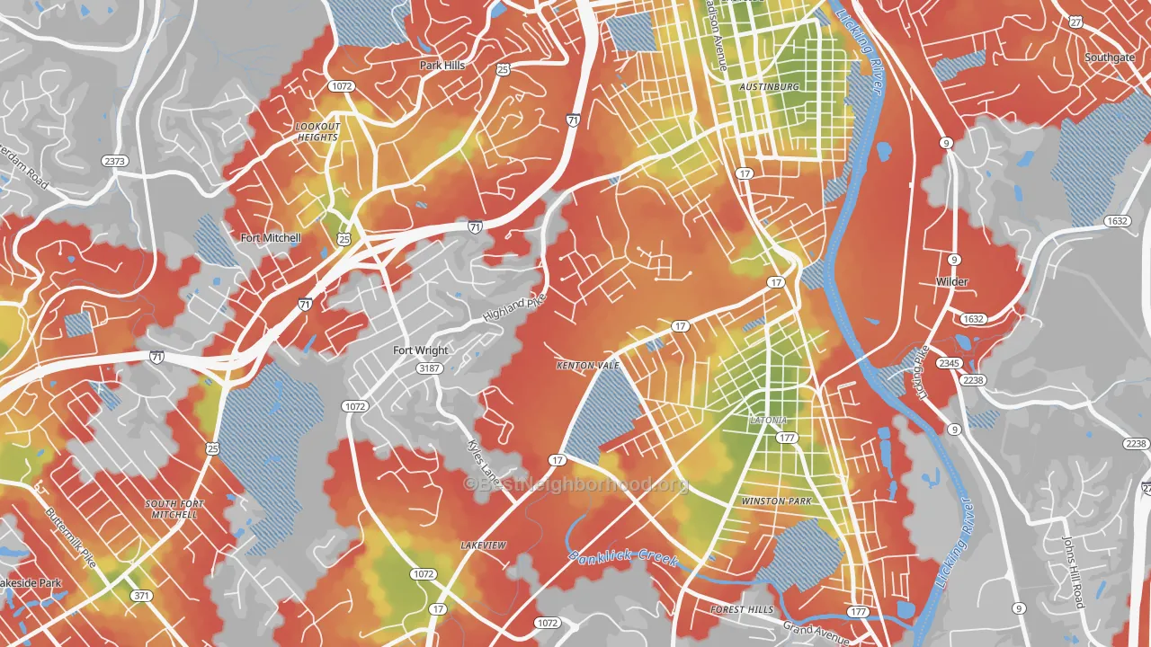 Walk Grade map of Kenton Vale, KY, walkable areas in green and car-dependent areas in red