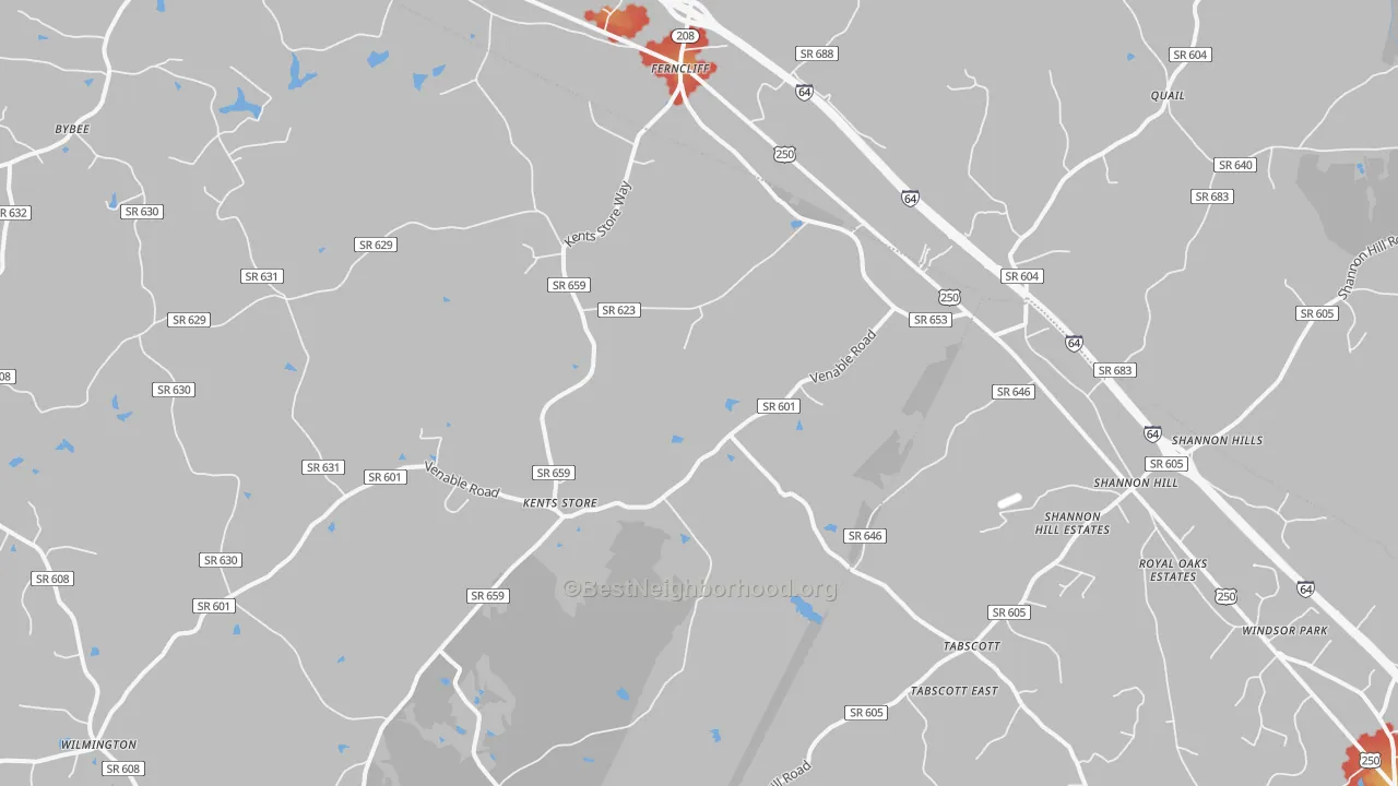 Walk Grade map of Kents Store, VA, walkable areas in green and car-dependent areas in red