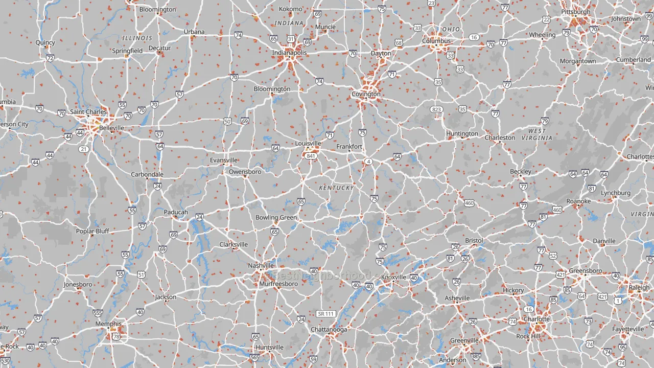 Walk Grade map of Kentucky, walkable areas in green and car-dependent areas in red