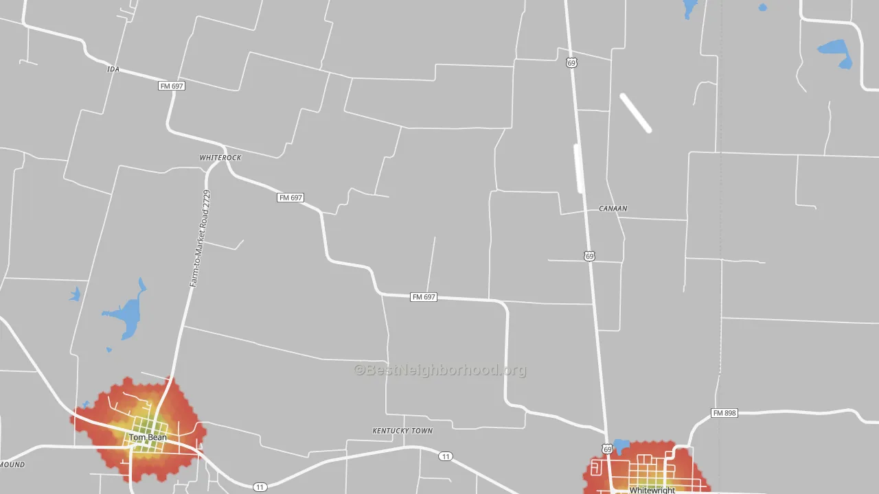 Walk Grade map of Kentuckytown, TX, walkable areas in green and car-dependent areas in red