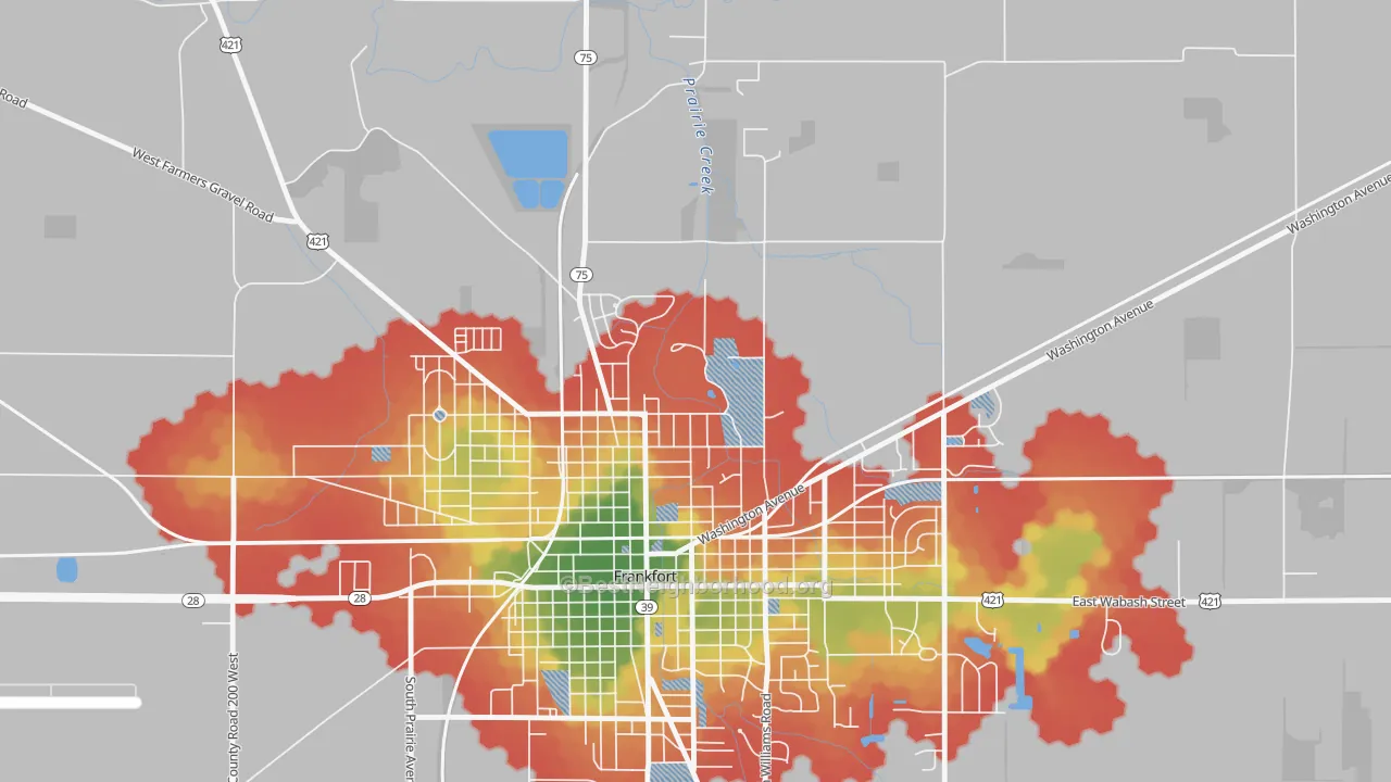 Walk Grade map of Kentwood, IN, walkable areas in green and car-dependent areas in red