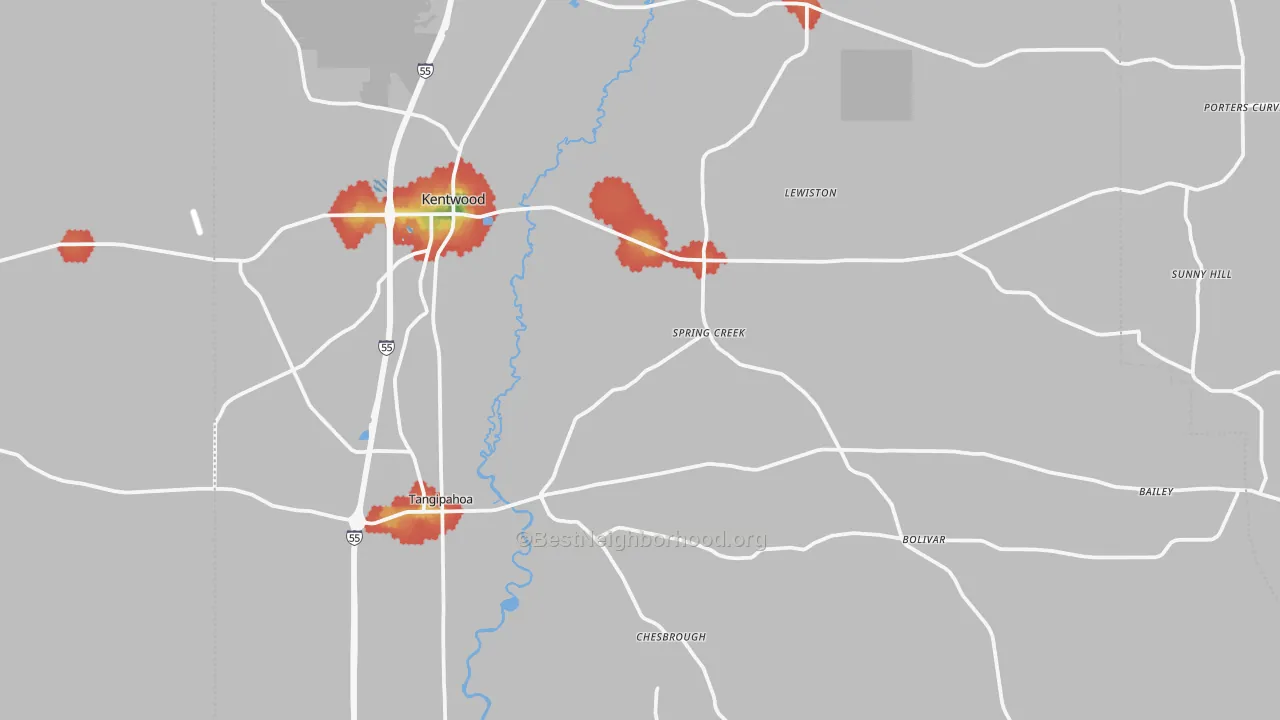 Walk Grade map of Kentwood, LA, walkable areas in green and car-dependent areas in red