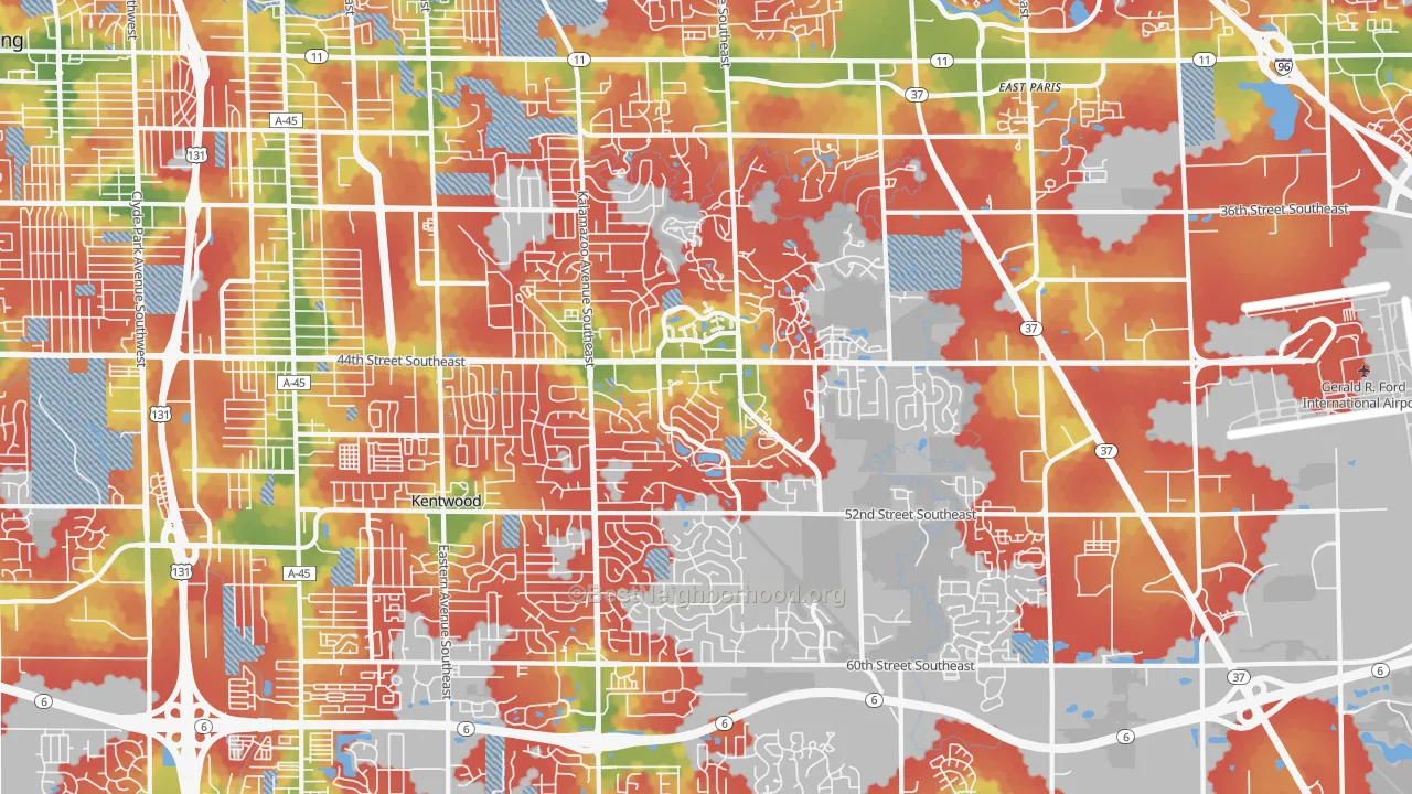 Walk Grade map of Kentwood, MI, walkable areas in green and car-dependent areas in red