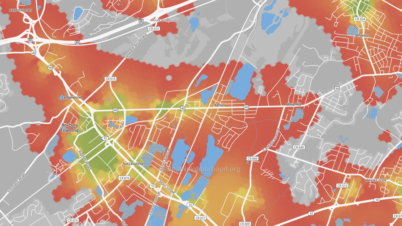 Walk Grade map of Kenvil, NJ, walkable areas in green and car-dependent areas in red