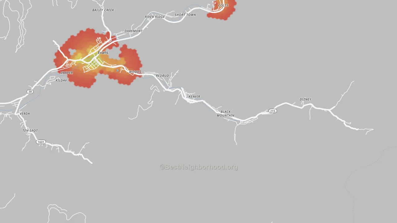 Walk Grade map of Kenvir, KY, walkable areas in green and car-dependent areas in red