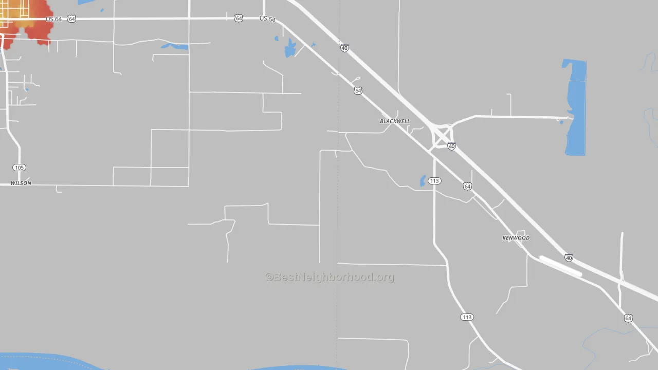 Walk Grade map of Kenwood, AR, walkable areas in green and car-dependent areas in red