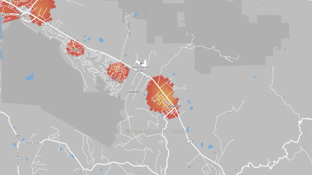 Walk Grade map of Kenwood, CA, walkable areas in green and car-dependent areas in red