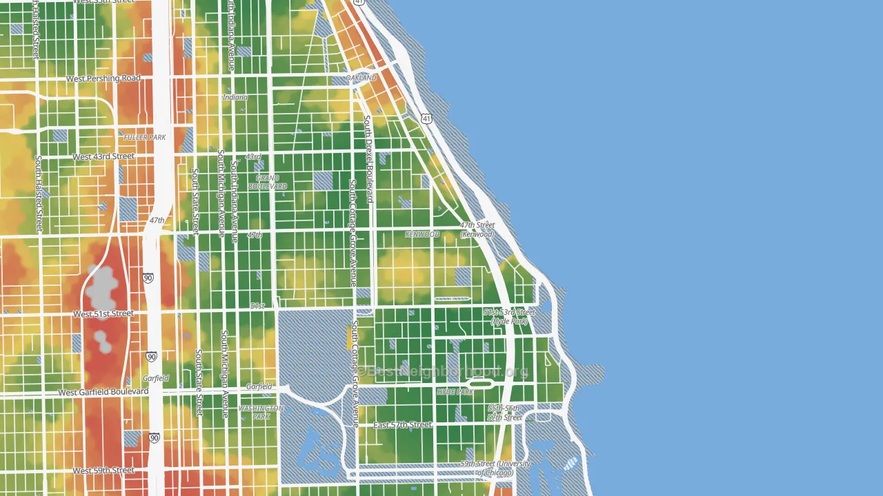 Walk Grade map of Kenwood, Chicago, IL, walkable areas in green and car-dependent areas in red