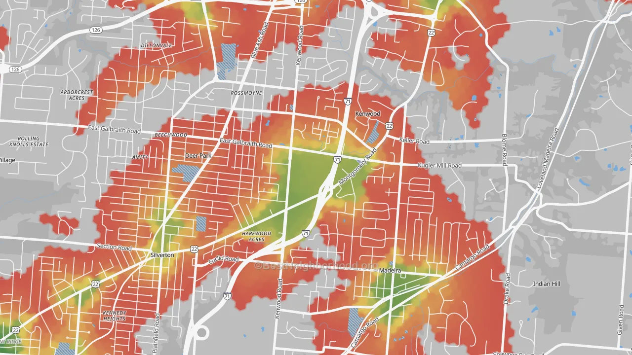 Walk Grade map of Kenwood, Cincinnati, OH, walkable areas in green and car-dependent areas in red