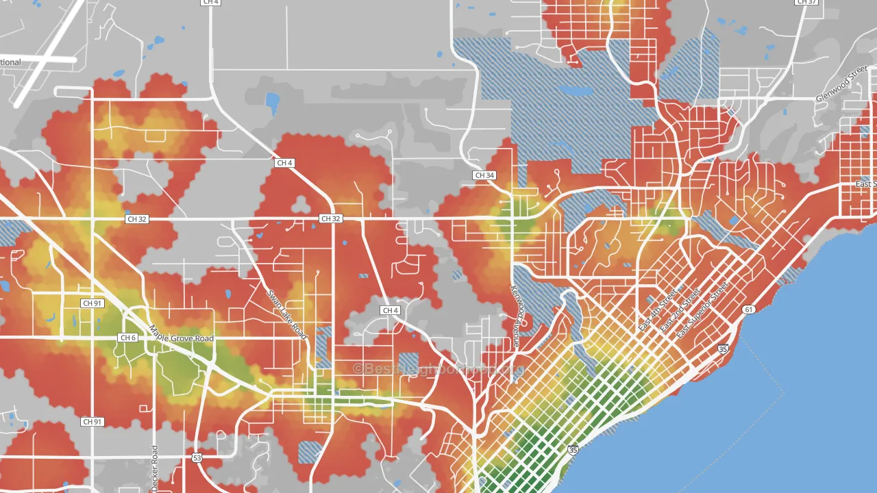 Walk Grade map of Kenwood-Duluth, Duluth, MN, walkable areas in green and car-dependent areas in red