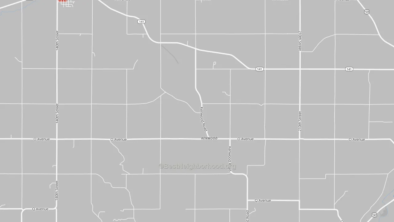 Walk Grade map of Kenwood, IA, walkable areas in green and car-dependent areas in red