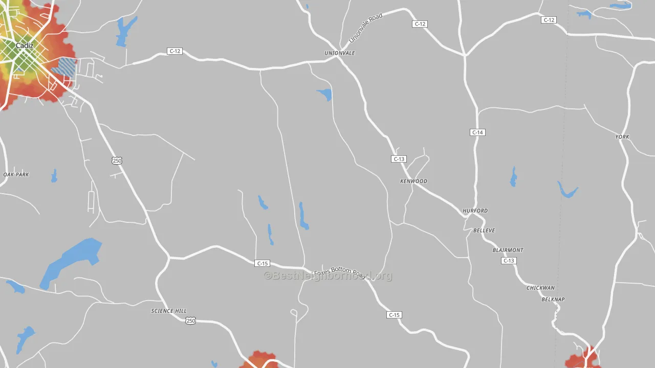Walk Grade map of Kenwood, OH, walkable areas in green and car-dependent areas in red