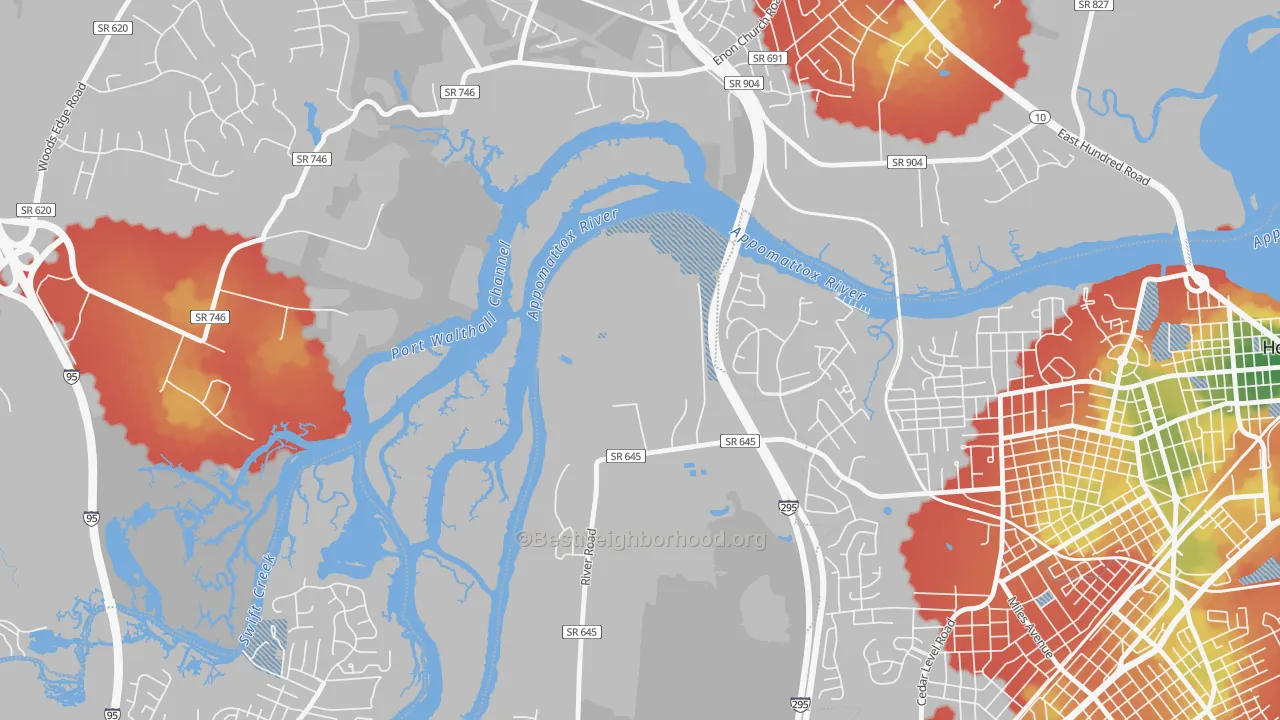Walk Grade map of Kenwood, VA, walkable areas in green and car-dependent areas in red