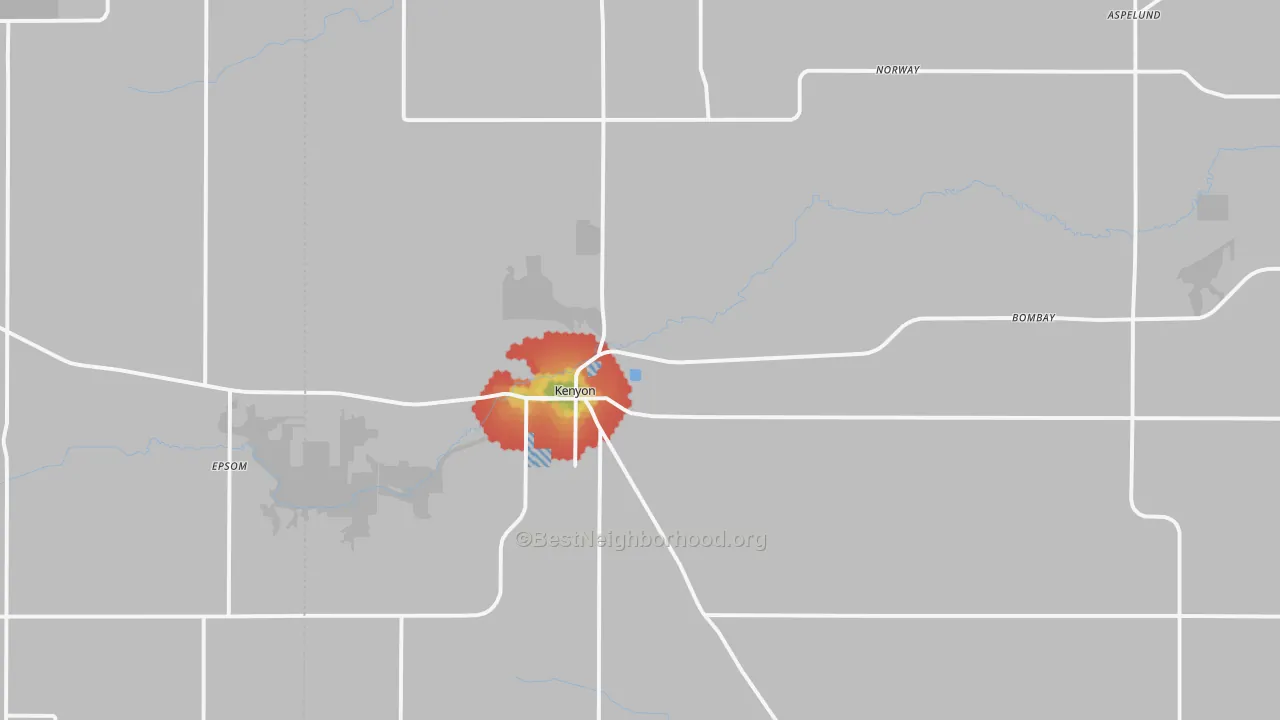 Walk Grade map of Kenyon, MN, walkable areas in green and car-dependent areas in red
