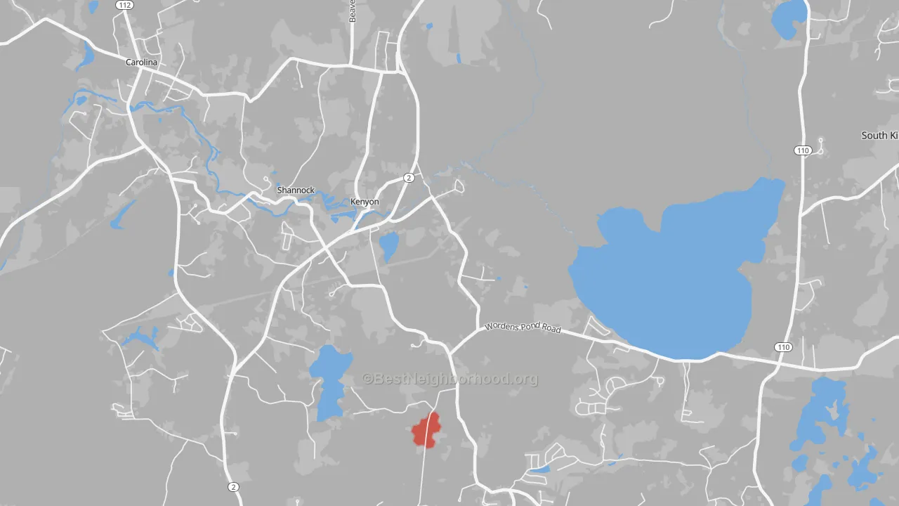 Walk Grade map of Kenyon, RI, walkable areas in green and car-dependent areas in red