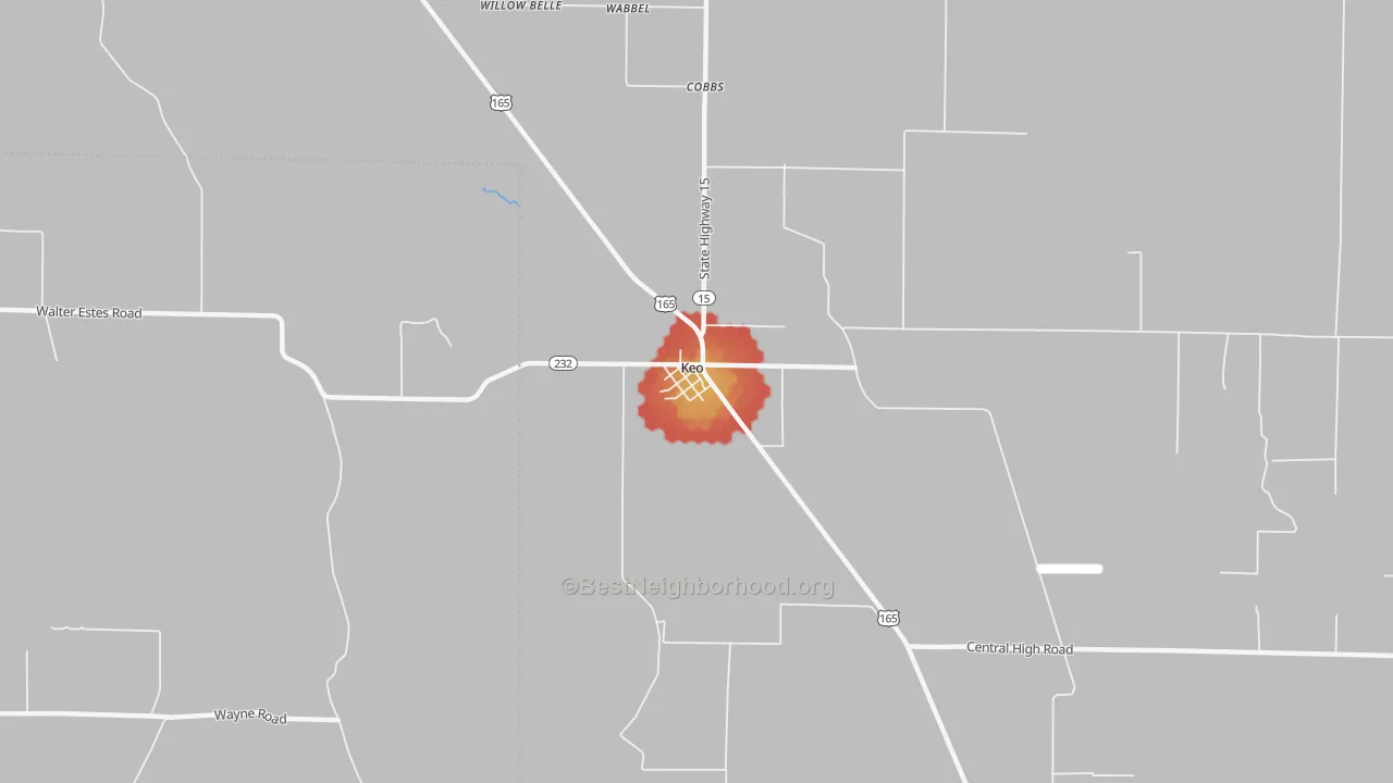 Walk Grade map of Keo, AR, walkable areas in green and car-dependent areas in red