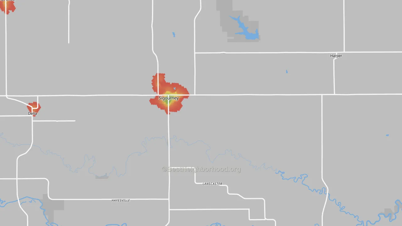 Walk Grade map of Keokuk County, IA, walkable areas in green and car-dependent areas in red