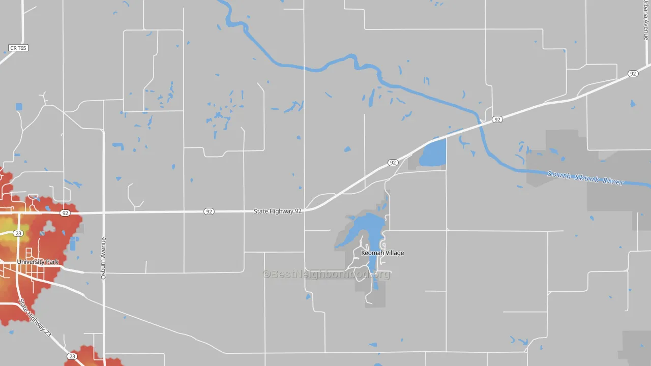 Walk Grade map of Keomah Village, IA, walkable areas in green and car-dependent areas in red