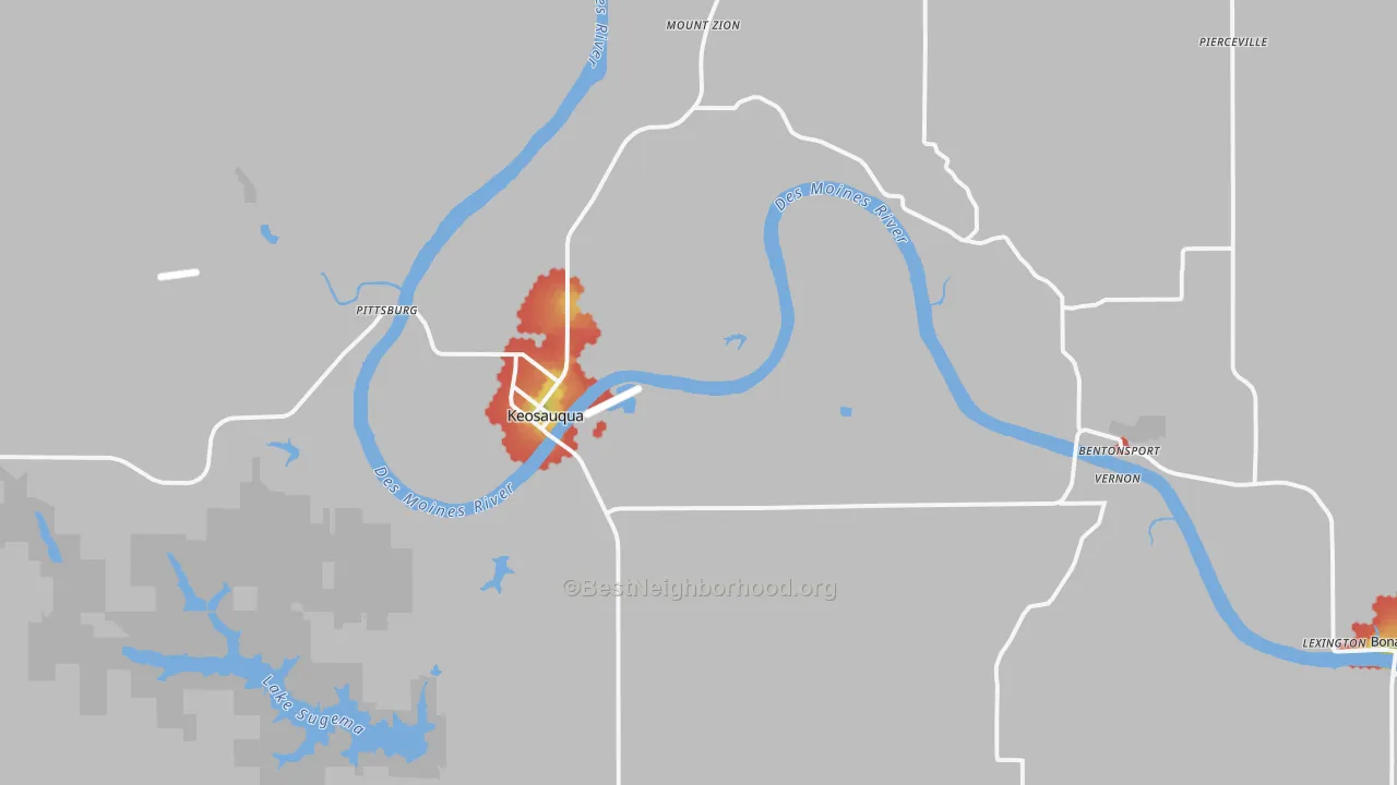 Walk Grade map of Keosauqua, IA, walkable areas in green and car-dependent areas in red