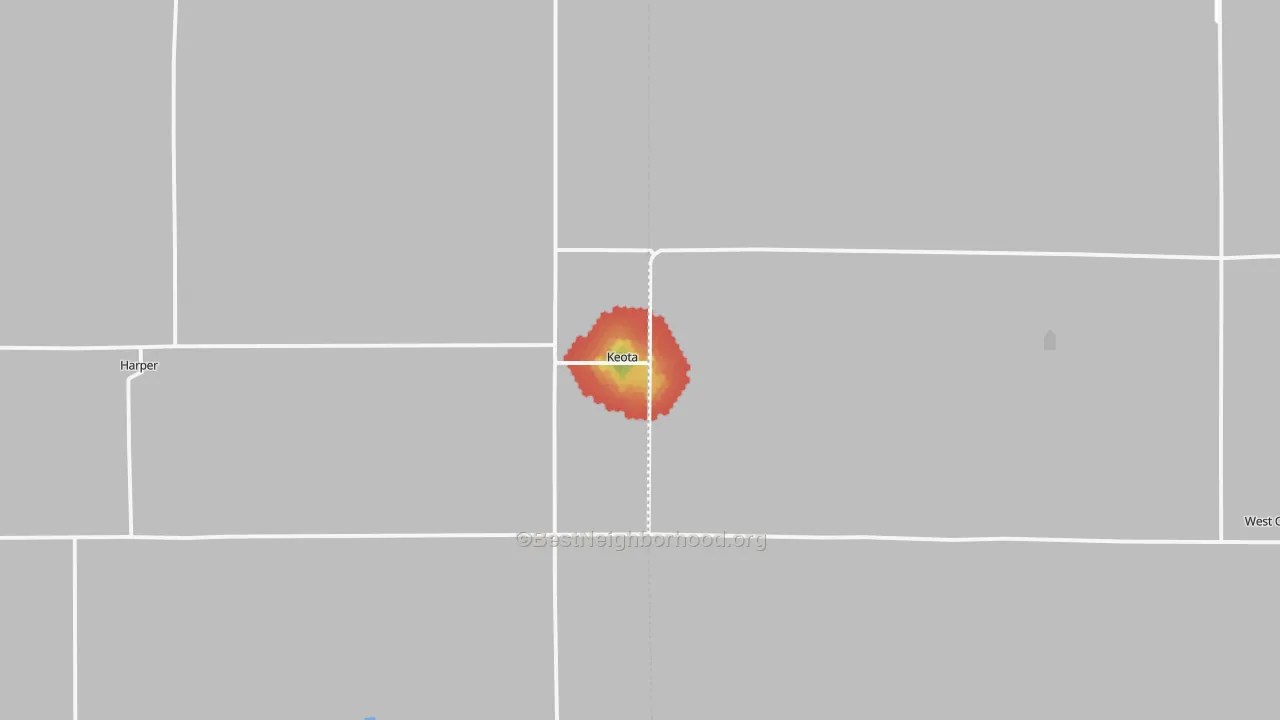Walk Grade map of Keota, IA, walkable areas in green and car-dependent areas in red