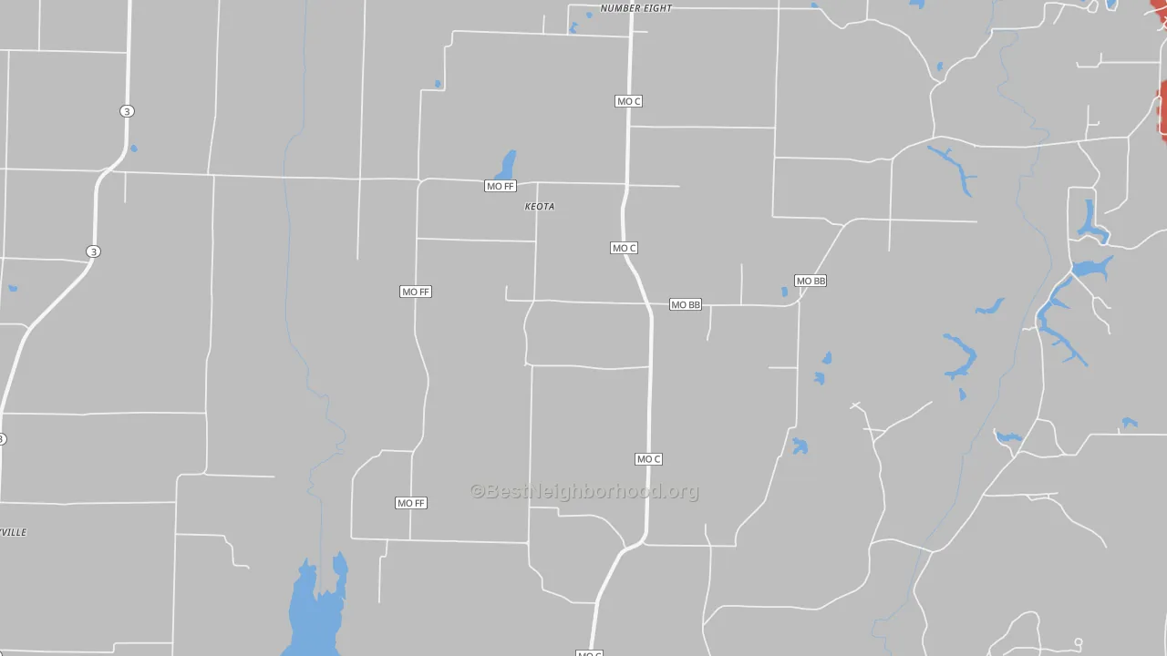 Walk Grade map of Keota, MO, walkable areas in green and car-dependent areas in red