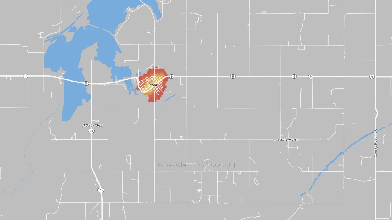 Walk Grade map of Keota, OK, walkable areas in green and car-dependent areas in red