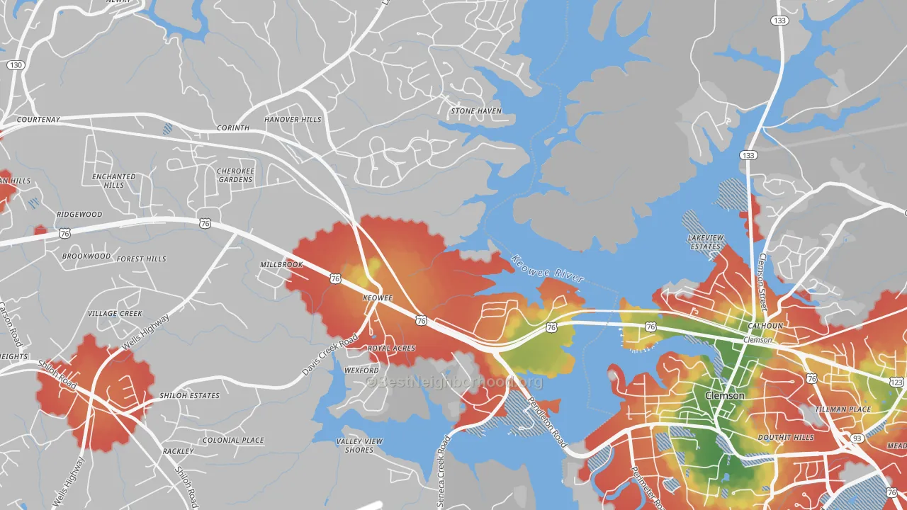 Walk Grade map of Keowee, SC, walkable areas in green and car-dependent areas in red
